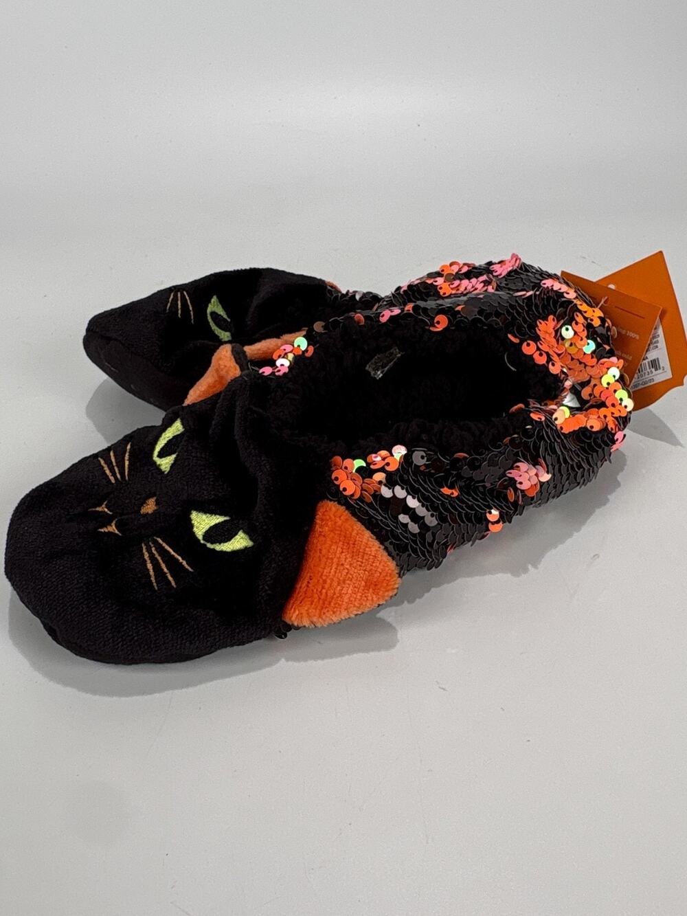 NWT Halloween Cat Slippers Gripers Pumpkin AD S/M 5-7 Kitty Socks CH 5 6 7